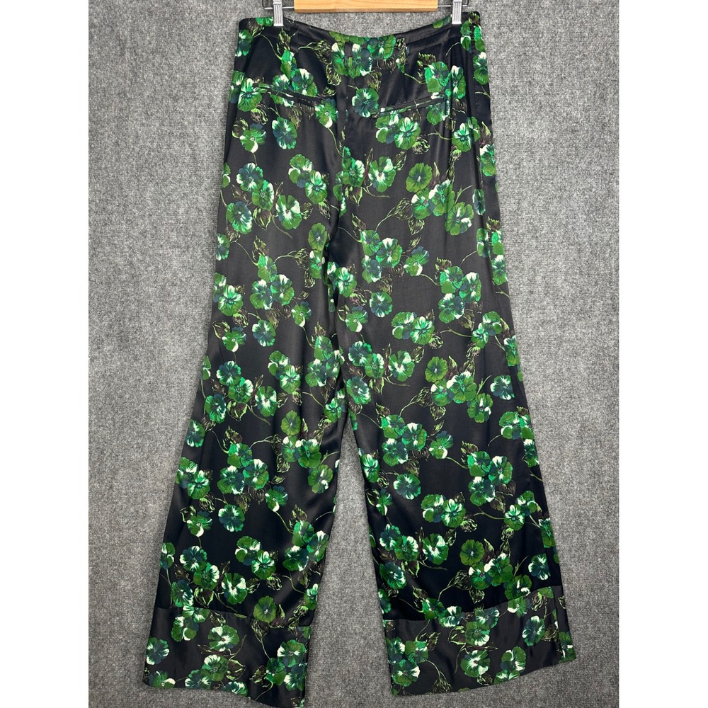 Anthropologie Elevenses Floral Wide Leg Satin Pants 8 Black Green Boho Chic - Picture 5 of 11